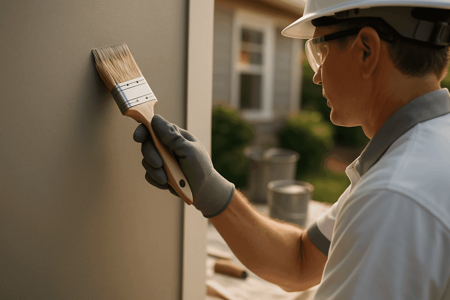 Professional painter wearing gloves and safety goggles applying exterior paint to residential wall